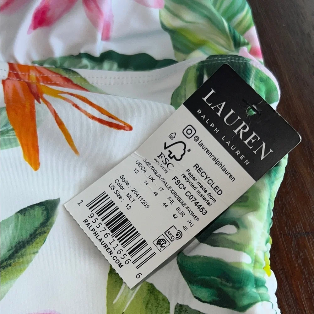 NWT Ralph Lauren Women’s Tropical White and Green Leaf Print Swimsuit Size 12